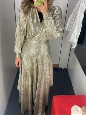 BA&SH Metallic Silver/Gold Long Sleeve Wrap Maxi Dress